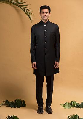 Black Embroidered Terry Rayon Indo Western Sherwani Set For Men