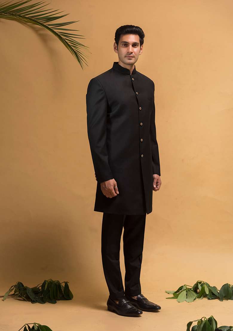 Black Embroidered Terry Rayon Indo Western Sherwani Set For Men - Indya