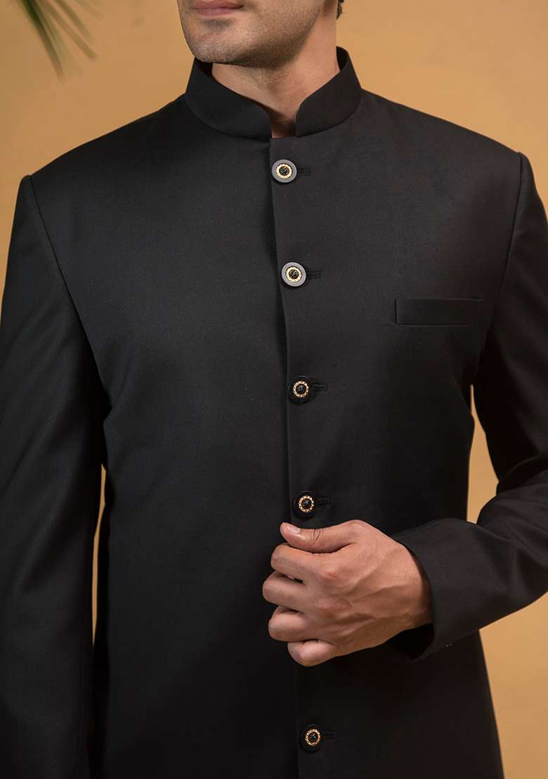 Black Embroidered Terry Rayon Indo Western Sherwani Set For Men - Indya