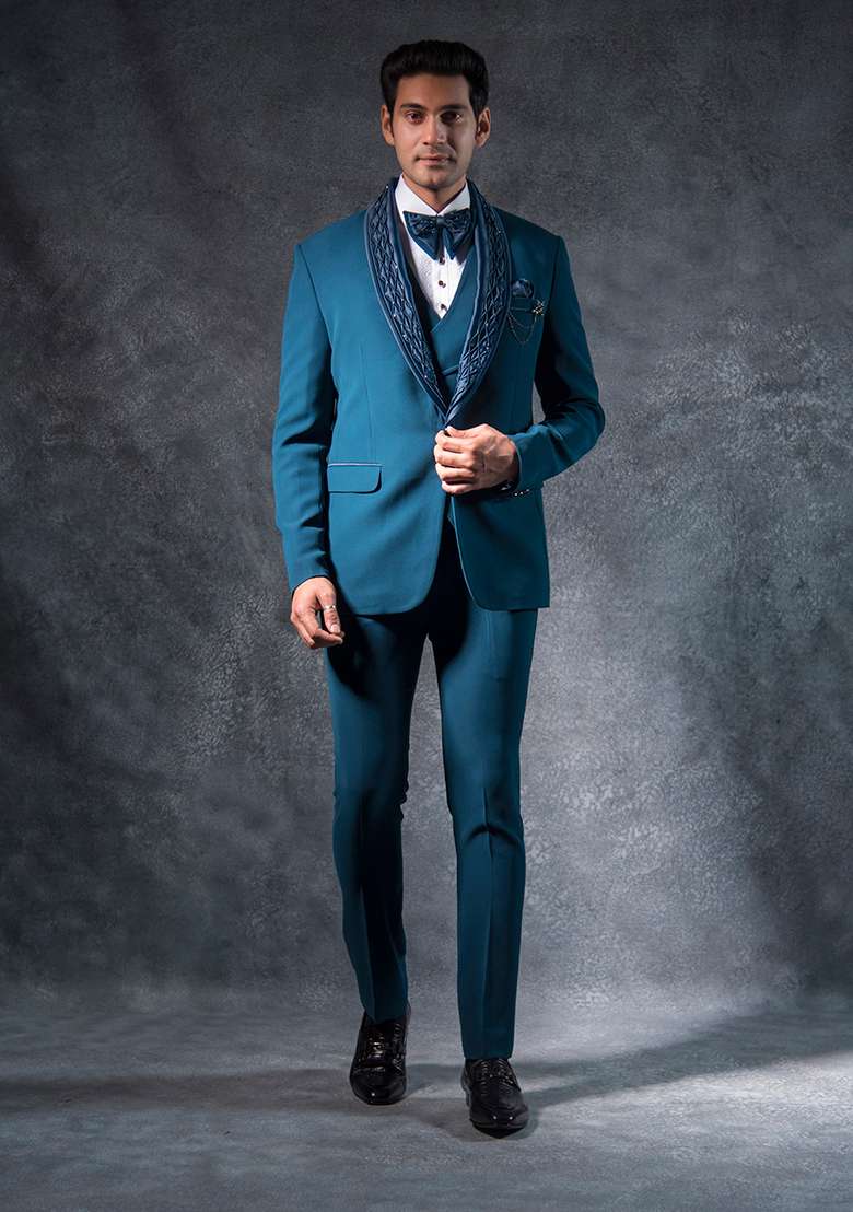 Teal Blue Embroidered Italian Tuxedo For Men - Indya