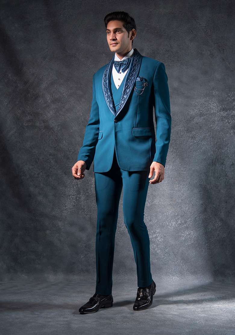 Teal Blue Embroidered Italian Tuxedo For Men - Indya
