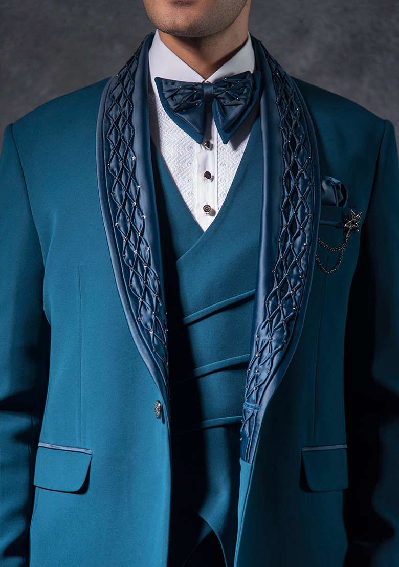 Teal Blue Embroidered Italian Tuxedo For Men - Indya