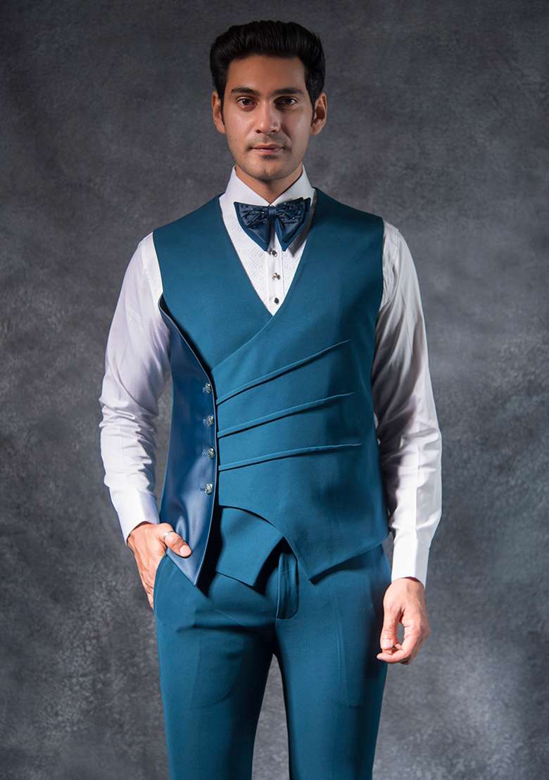 Teal Blue Embroidered Italian Tuxedo For Men - Indya
