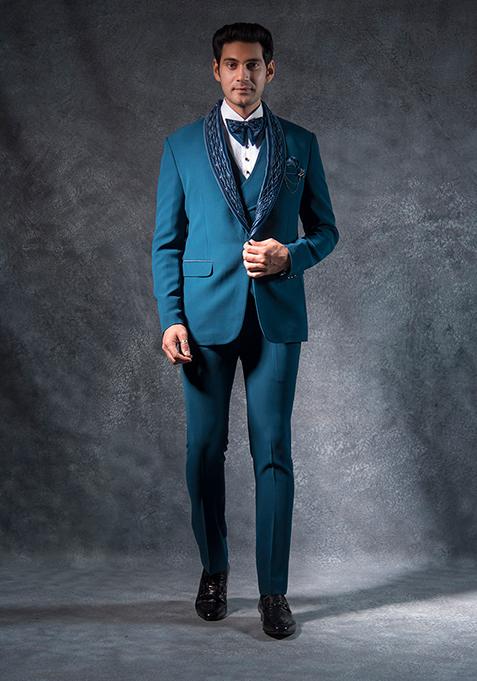 Teal Blue Embroidered Italian Tuxedo For Men
