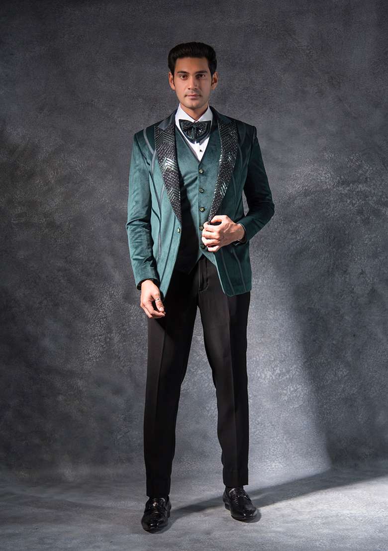 Bottle Green Embroidered Terry Rayon Tuxedo For Men - Indya