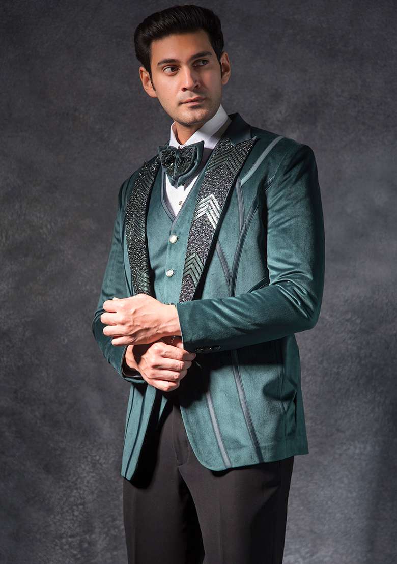 Bottle Green Embroidered Terry Rayon Tuxedo For Men - Indya