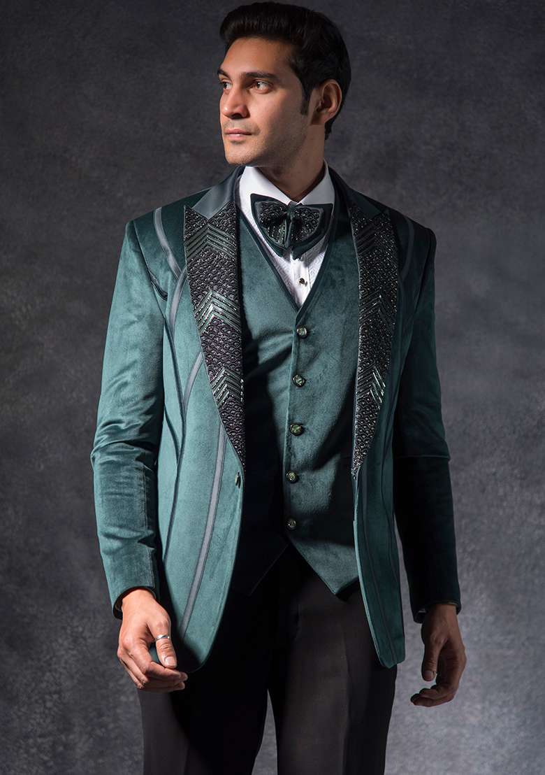 Bottle Green Embroidered Terry Rayon Tuxedo For Men - Indya