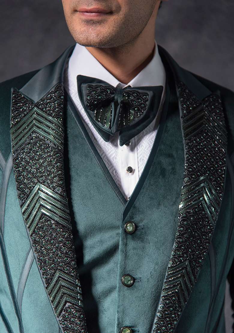 Bottle Green Embroidered Terry Rayon Tuxedo For Men - Indya