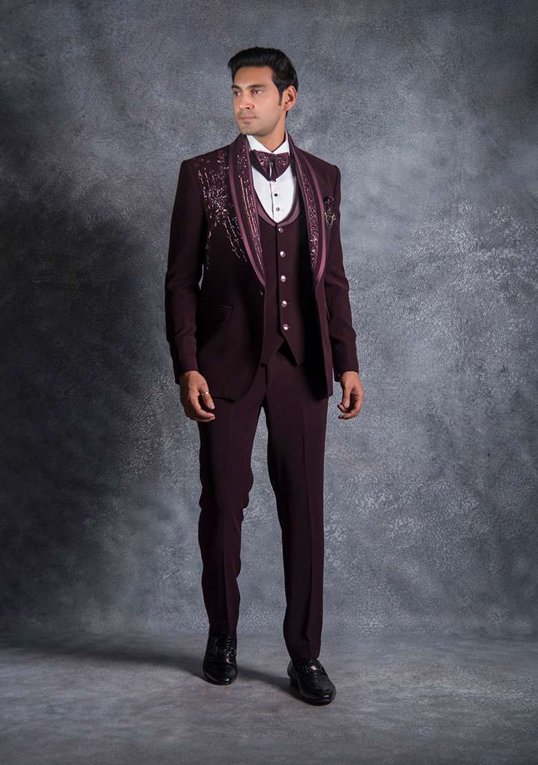 Wine Embroidered Italian Tuxedo For Men - Indya