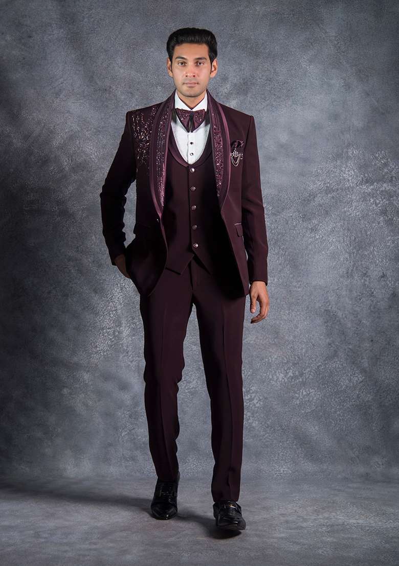 Wine Embroidered Italian Tuxedo For Men - Indya