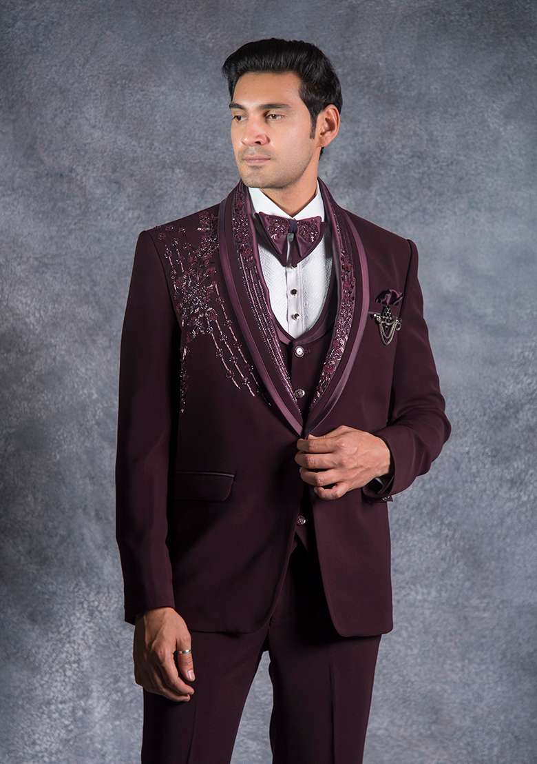 Wine Embroidered Italian Tuxedo For Men - Indya
