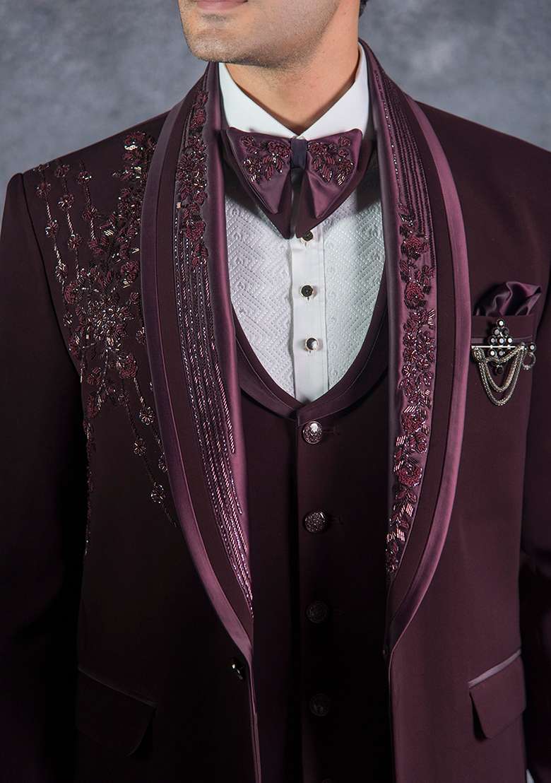 Wine Embroidered Italian Tuxedo For Men - Indya
