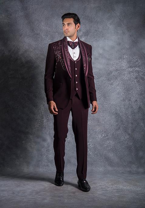 Wine Embroidered Italian Tuxedo For Men