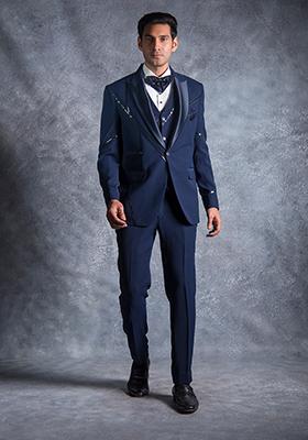 Navy Blue Embroidered Italian Tuxedo For Men