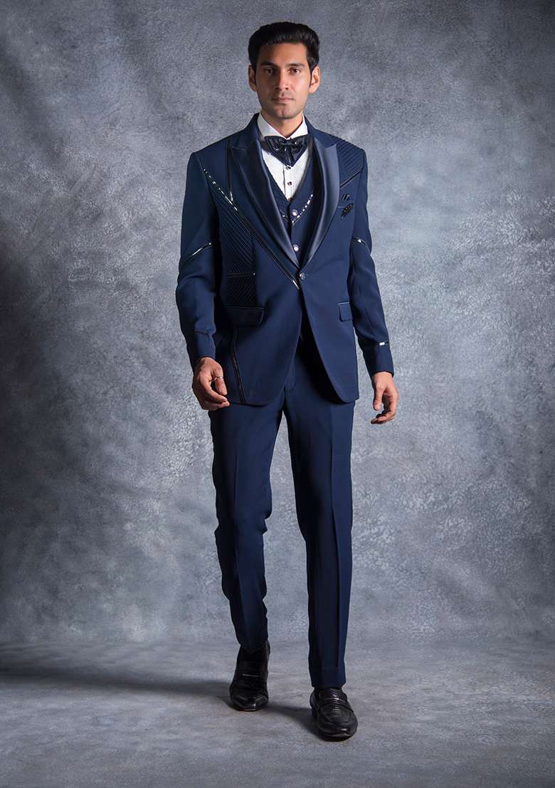 Navy Blue Embroidered Italian Tuxedo For Men - Indya