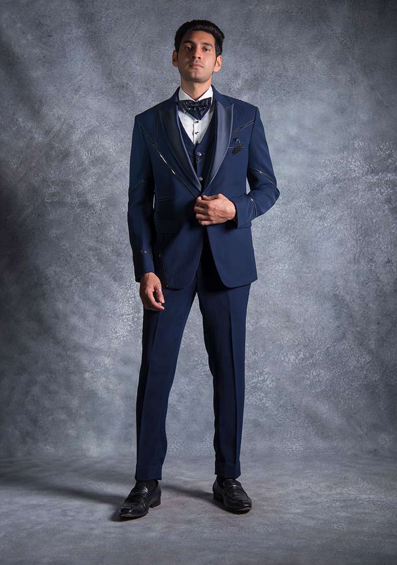 Navy Blue Embroidered Italian Tuxedo For Men - Indya