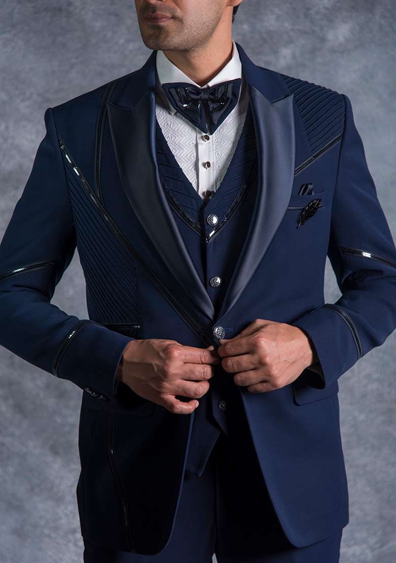 Navy Blue Embroidered Italian Tuxedo For Men - Indya