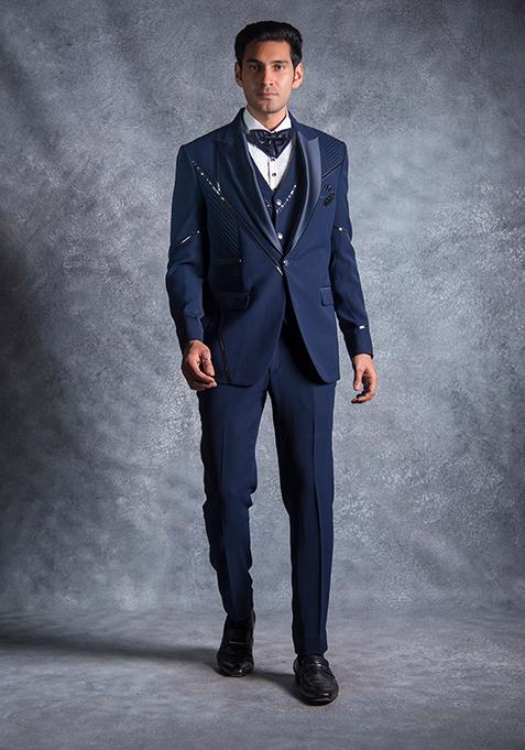 Navy Blue Embroidered Italian Tuxedo For Men
