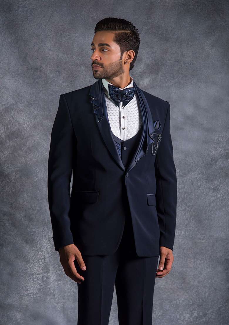 Navy Blue Embroidered Italian Tuxedo For Men - Indya