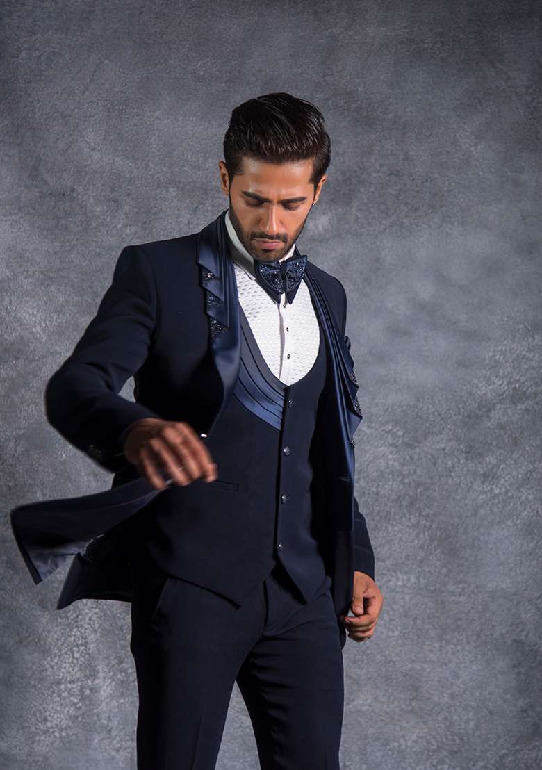 Navy Blue Embroidered Italian Tuxedo For Men - Indya