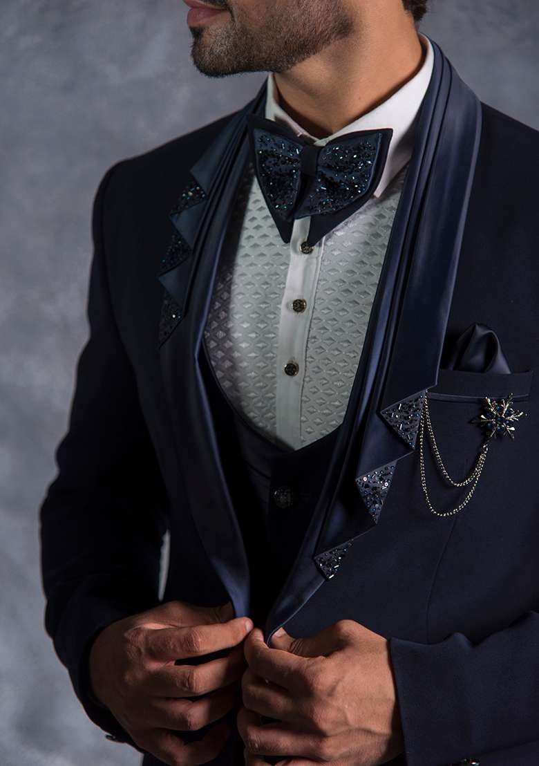 Navy Blue Embroidered Italian Tuxedo For Men - Indya