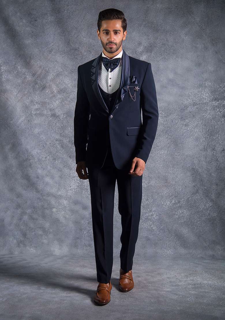 Navy Blue Embroidered Italian Tuxedo For Men - Indya