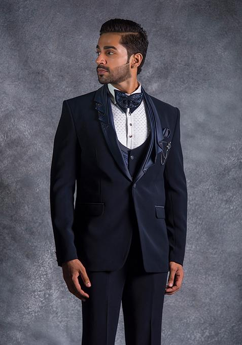 Navy Blue Embroidered Italian Tuxedo For Men