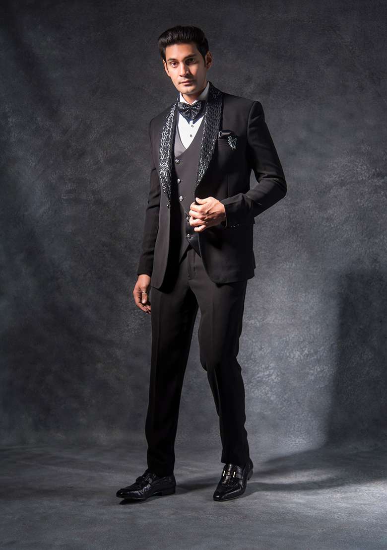Black Embroidered Italian Tuxedo For Men - Indya