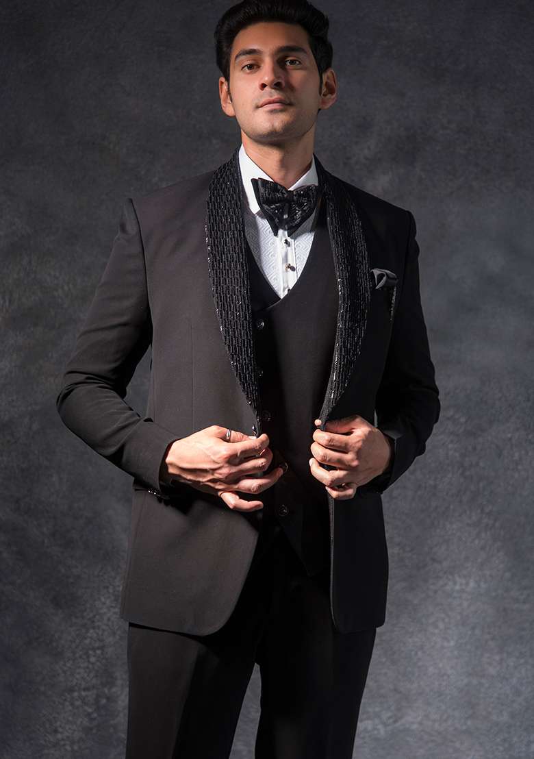 Black Embroidered Italian Tuxedo For Men - Indya