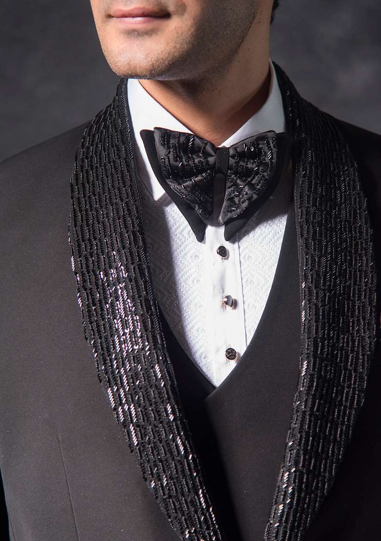 Black Embroidered Italian Tuxedo For Men - Indya