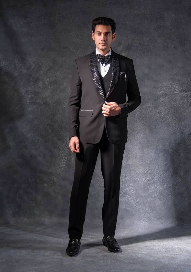 Black Embroidered Italian Tuxedo For Men - Indya