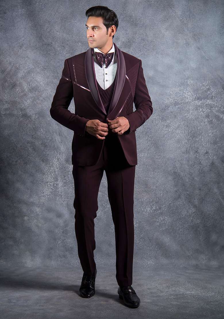 Wine Embroidered Italian Tuxedo For Men - Indya