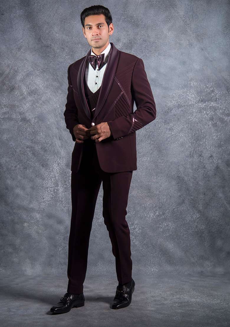 Wine Embroidered Italian Tuxedo For Men - Indya