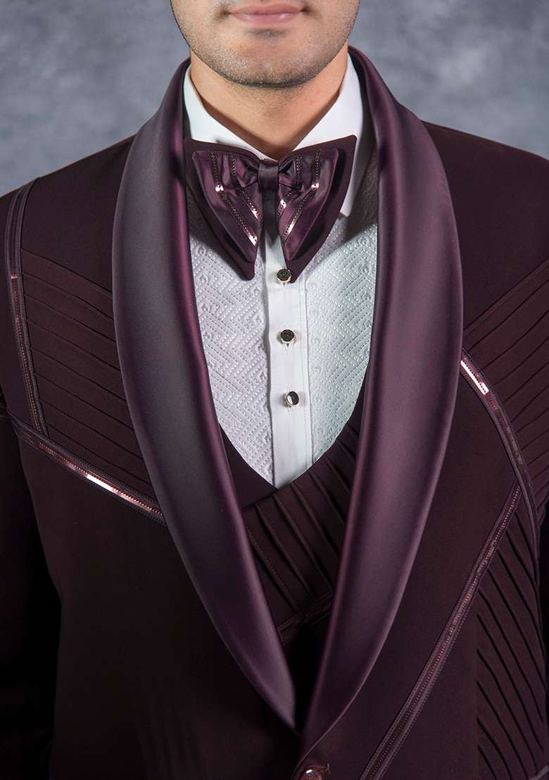 Wine Embroidered Italian Tuxedo For Men - Indya