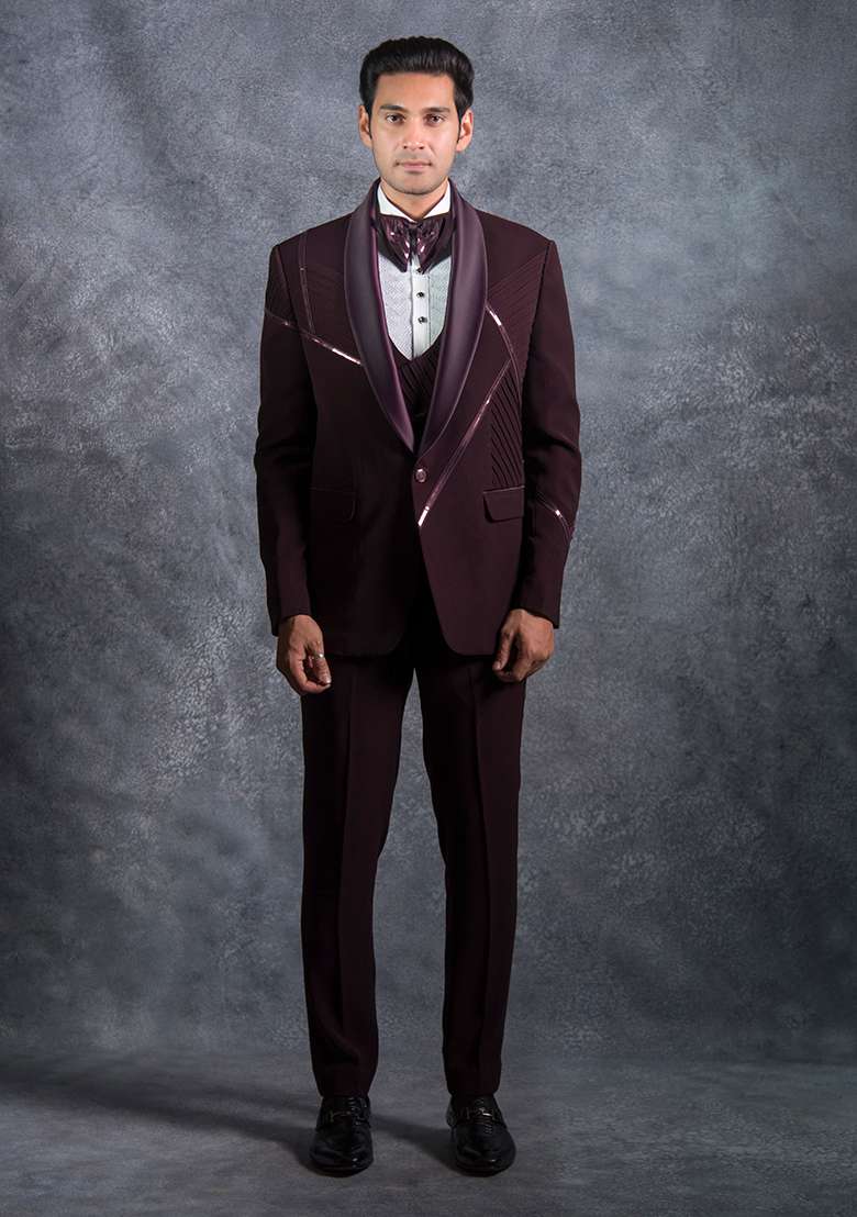 Wine Embroidered Italian Tuxedo For Men - Indya