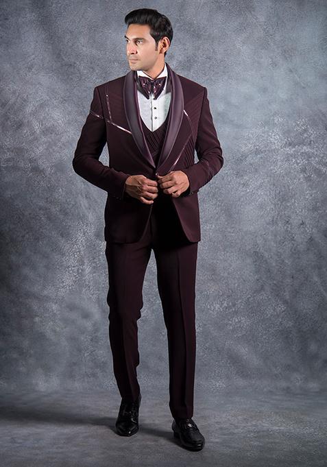 Wine Embroidered Italian Tuxedo For Men