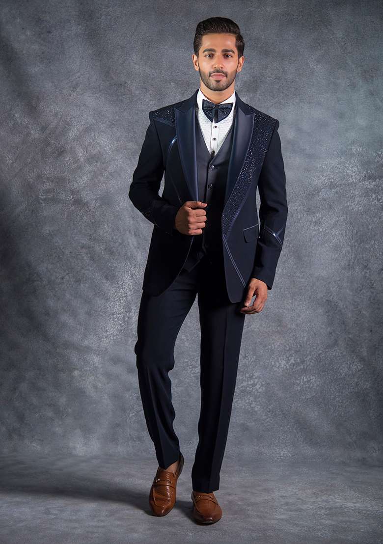 Navy Blue Embroidered Italian Tuxedo For Men - Indya