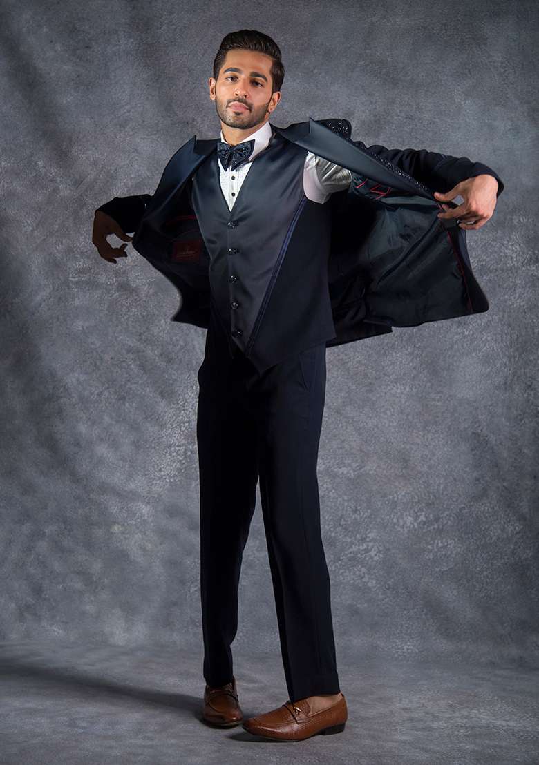 Navy Blue Embroidered Italian Tuxedo For Men - Indya