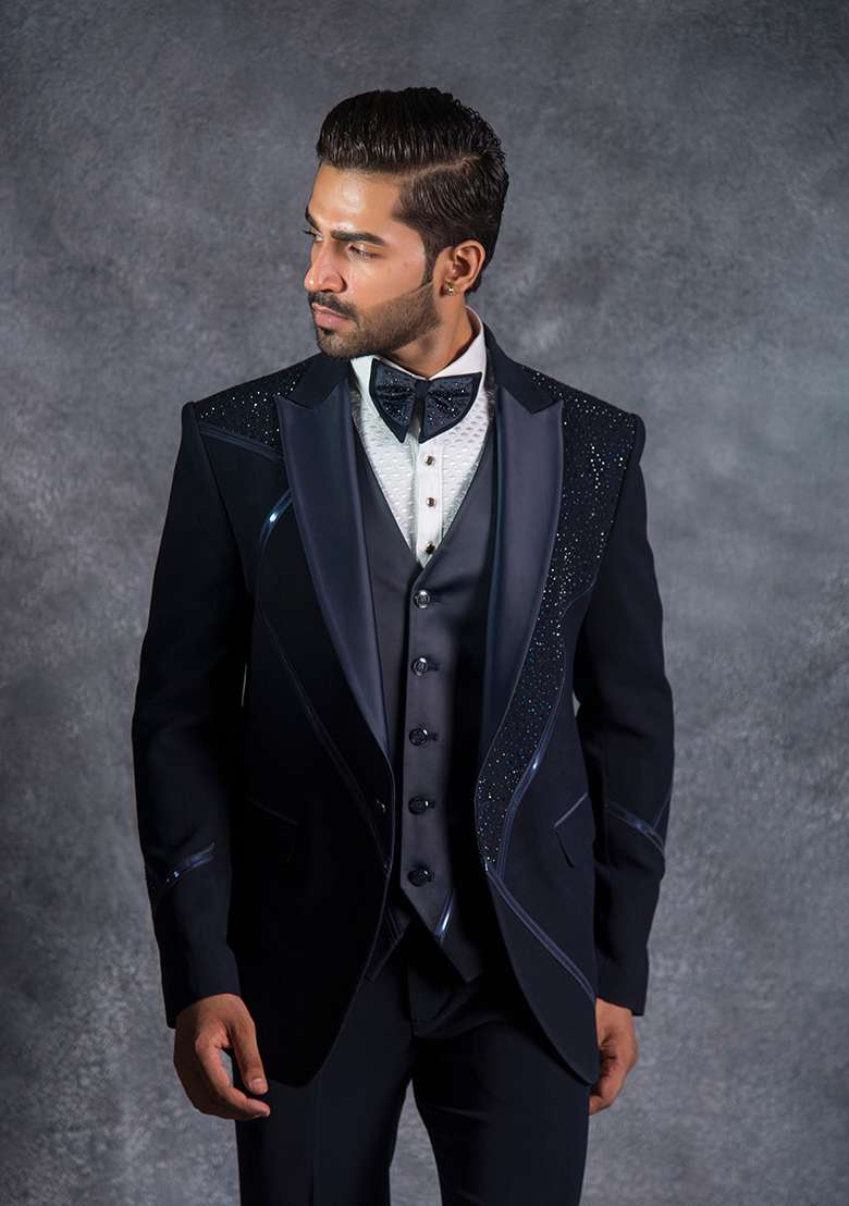 Navy Blue Embroidered Italian Tuxedo For Men - Indya