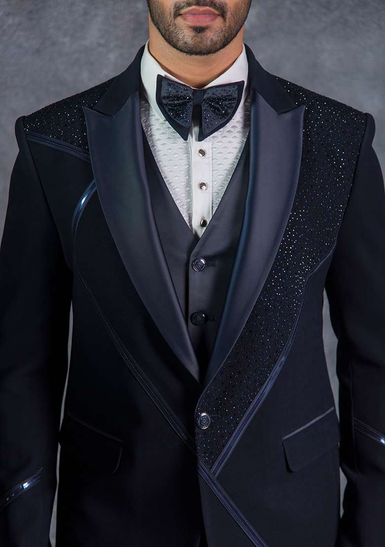 Navy Blue Embroidered Italian Tuxedo For Men - Indya