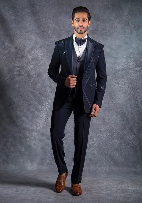 Navy Blue Embroidered Italian Tuxedo For Men