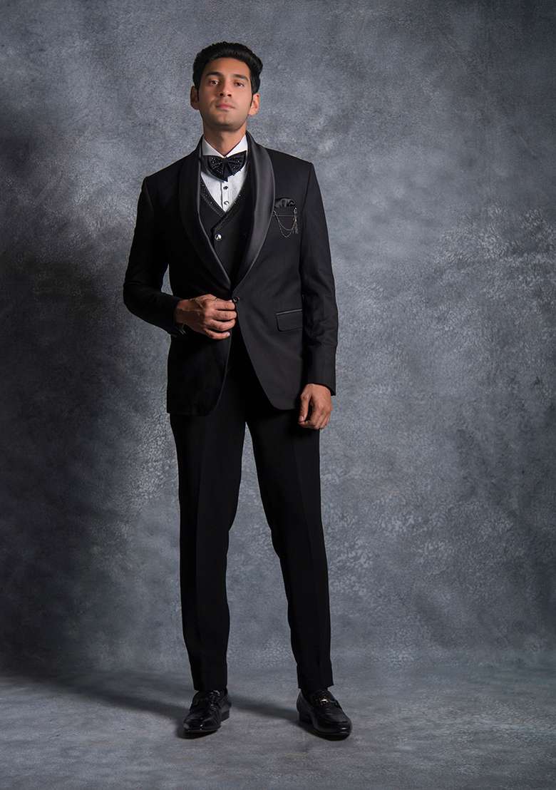 Black Embroidered Terry Rayon Tuxedo For Men - Indya