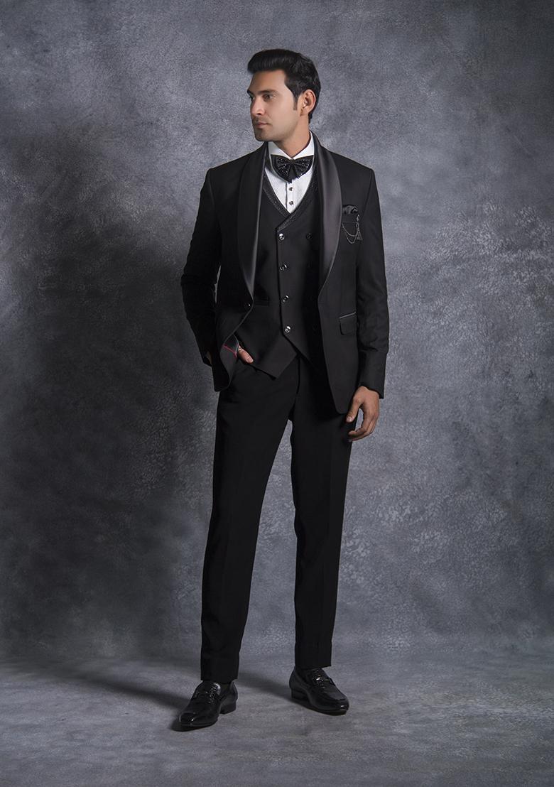 Black Embroidered Terry Rayon Tuxedo For Men - Indya