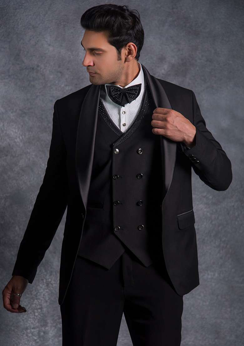 Black Embroidered Terry Rayon Tuxedo For Men - Indya