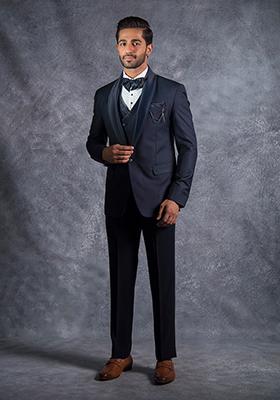 Navy Blue Embroidered Terry Rayon Tuxedo For Men