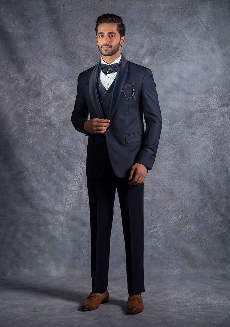 Navy Blue Embroidered Terry Rayon Tuxedo For Men - Indya