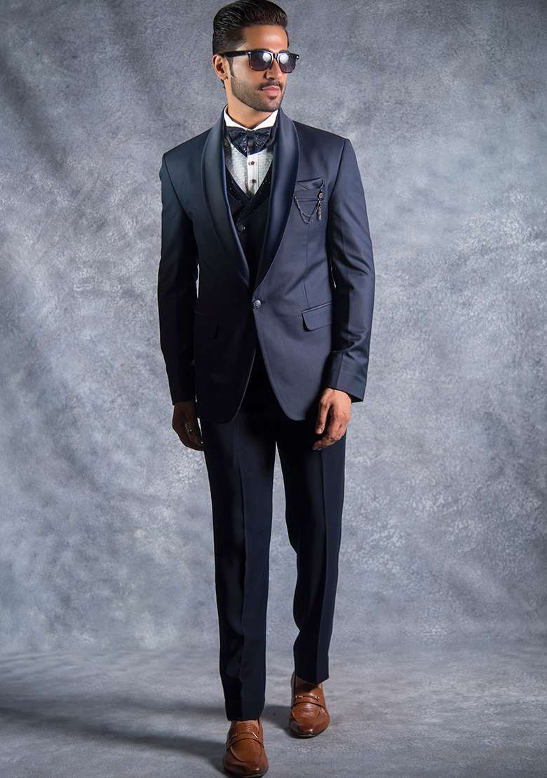 Navy Blue Embroidered Terry Rayon Tuxedo For Men - Indya