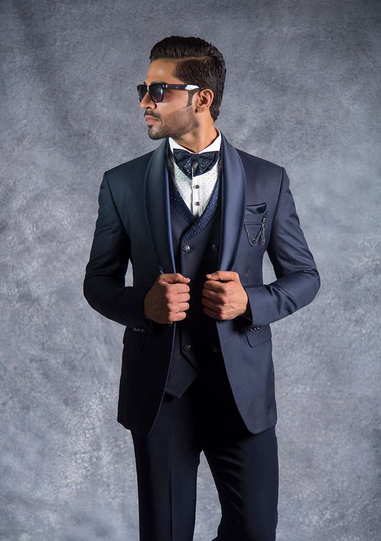 Navy Blue Embroidered Terry Rayon Tuxedo For Men - Indya