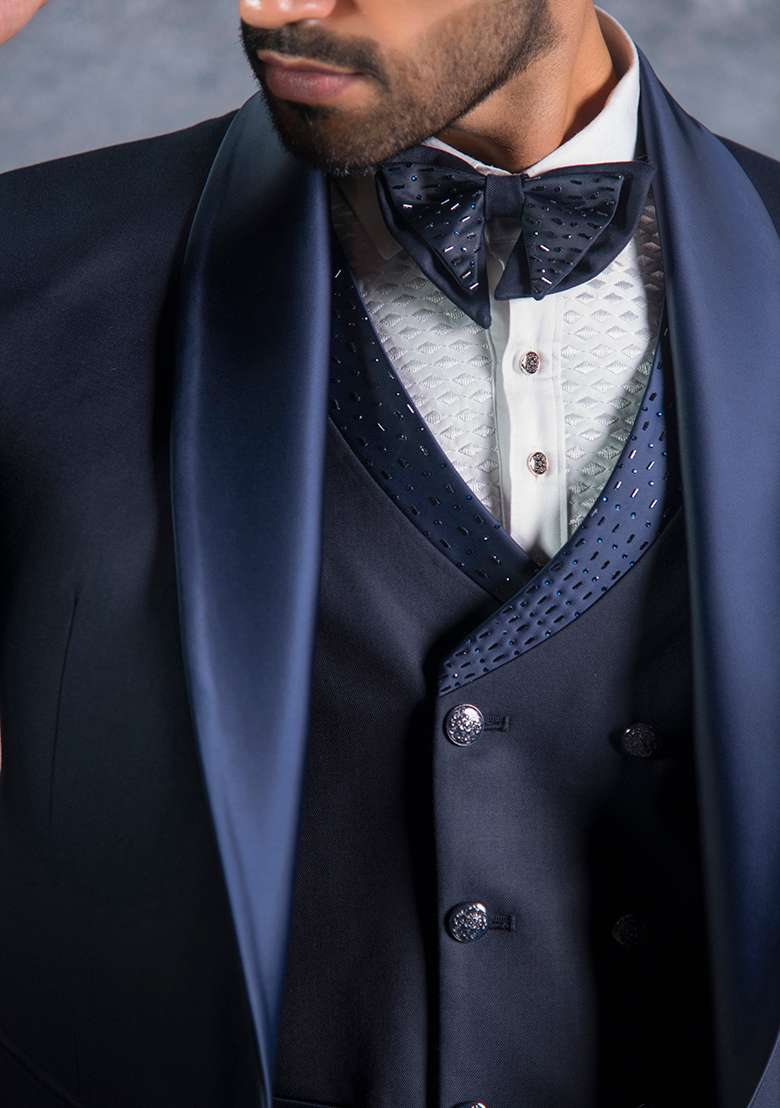 Navy Blue Embroidered Terry Rayon Tuxedo For Men - Indya
