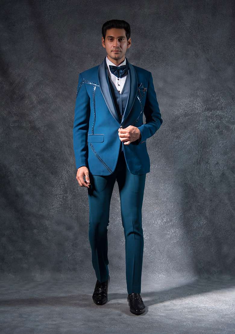 Teal Blue Embroidered Italian Tuxedo For Men - Indya